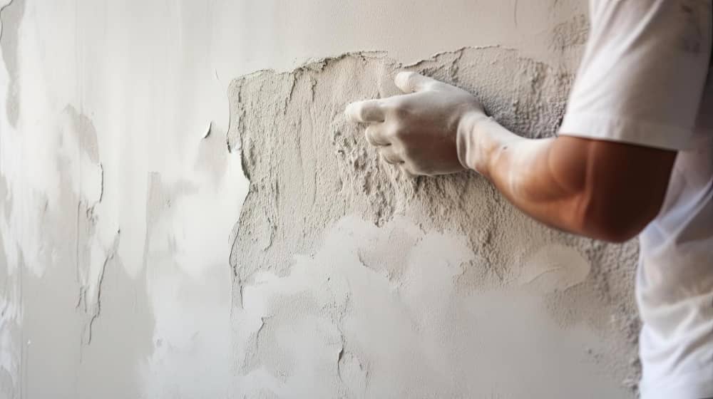 Handwerker verputzt eine Fassade mit einem Spachtel