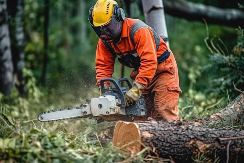 Baumpfleger schneidet Äste eines großen Baumes
