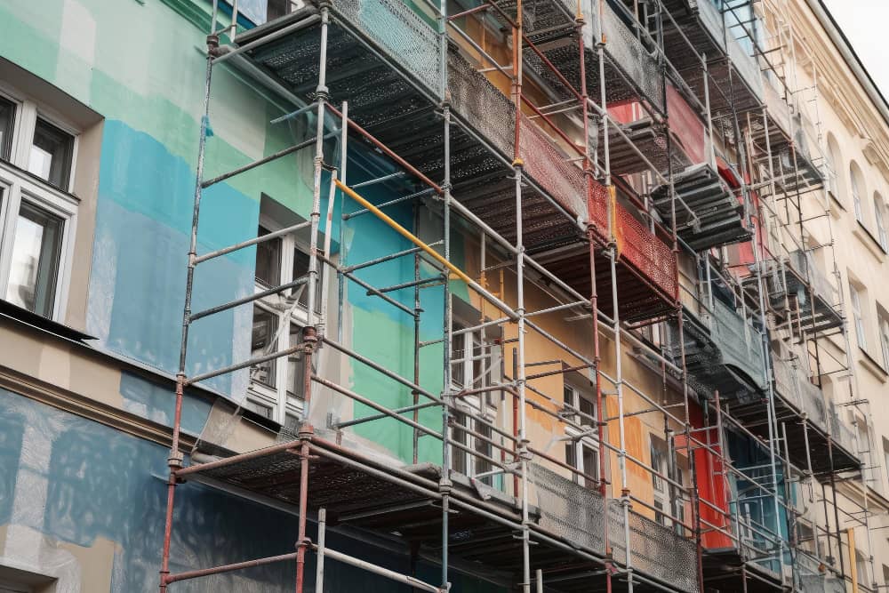Großes Fassadengerüst für Bauarbeiten an einem Gebäude