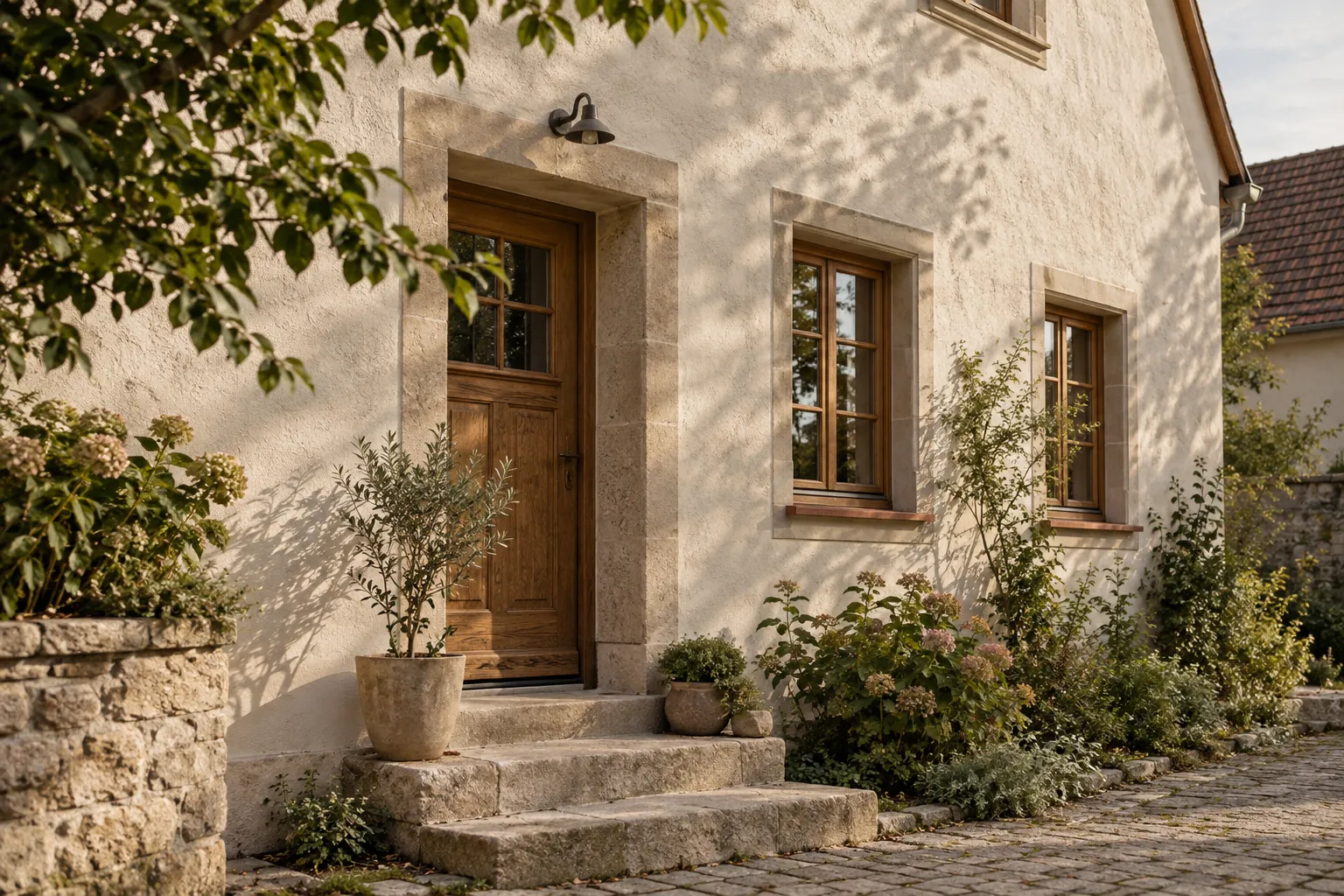 Helle Putzfassade mit Holzfenstern und Natursteindetails