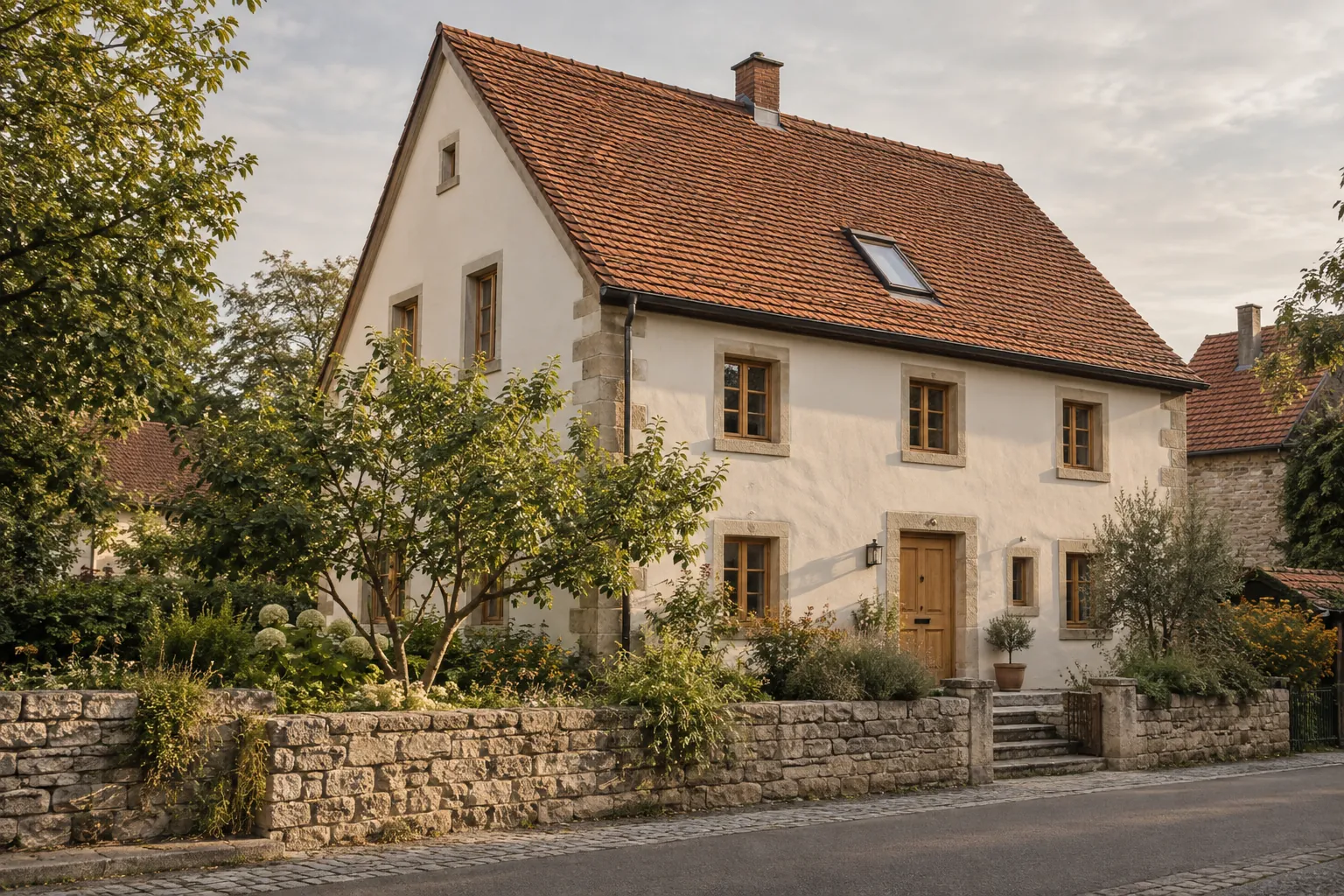 Fränkisches Wohnhaus mit heller Fassade, Ziegeldach und begrüntem Vorgarten