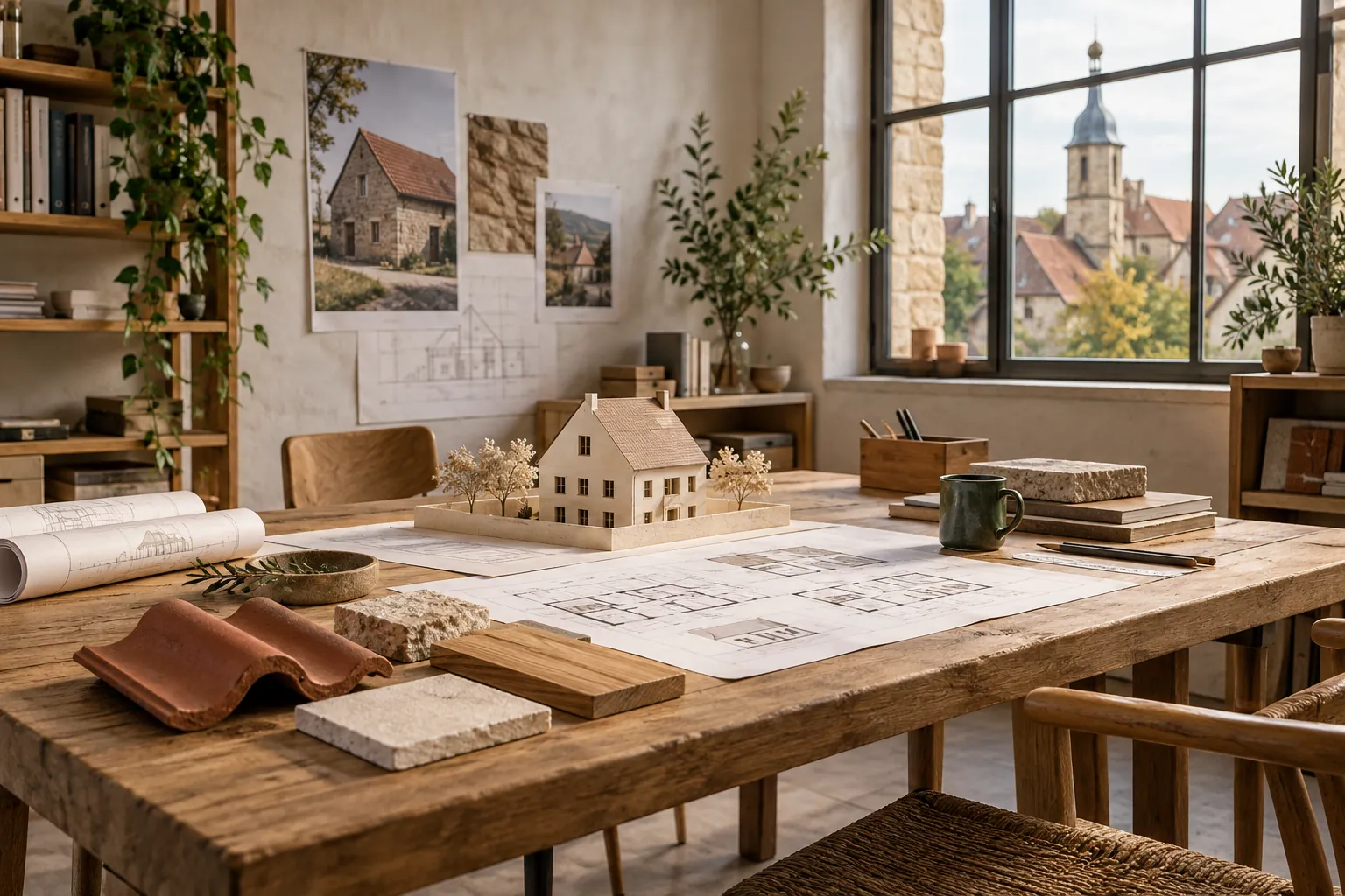 Planungstisch mit Hausmodell und Mustern aus Holz, Stein und Ziegel