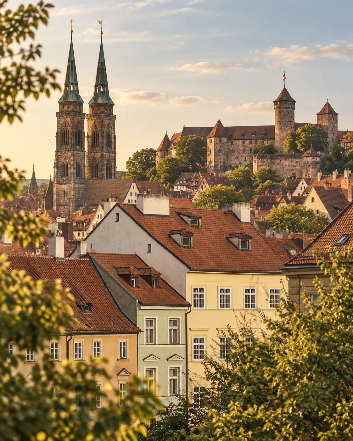 Altstadt-Dächer und markante Türme über Nürnberg im warmen Abendlicht.