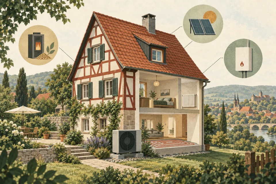 Editoriale Illustration eines fränkischen Hauses mit mehreren möglichen Heizsystemen