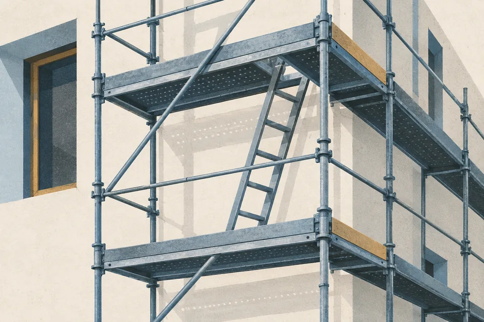 Illustration: Moderne Gerüstsysteme für Sanierung und Photovoltaik-Installation 2025