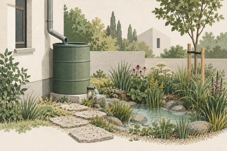 Illustration: Regenwassermanagement im Garten: Starkregen clever nutzen statt ableiten