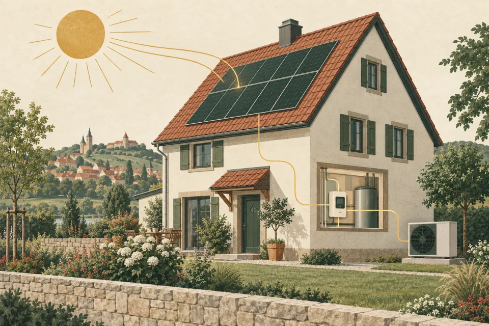 Photovoltaik, intelligenter Stromzähler und Wärmepumpe an einem fränkischen Wohnhaus