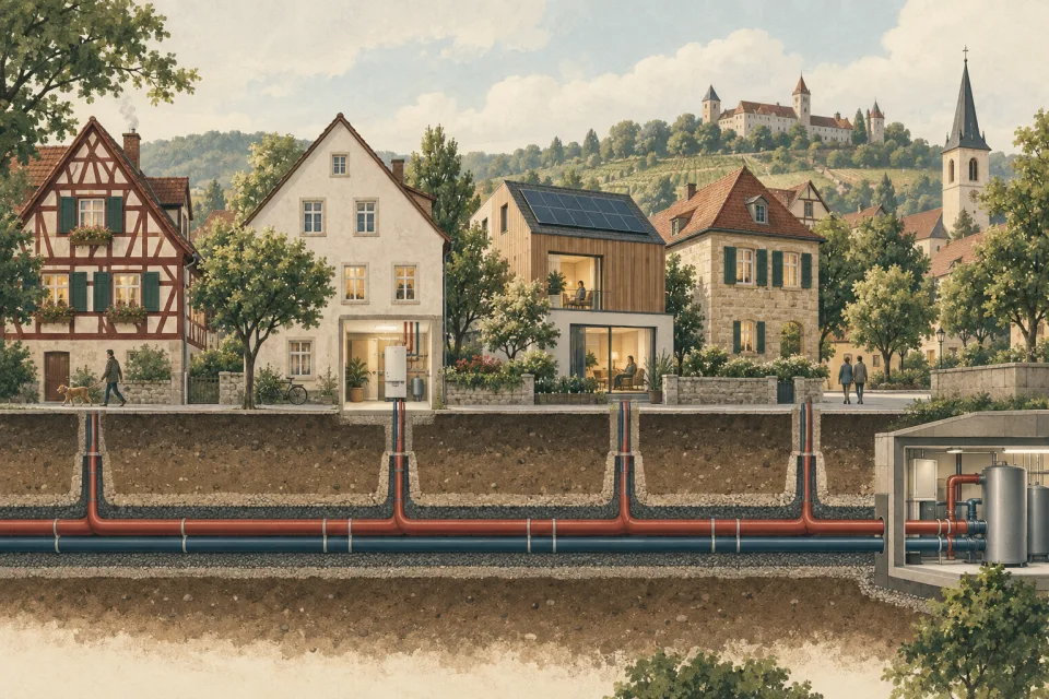 Fränkische Häuser, die über ein Fernwärmenetz unter der Straße versorgt werden
